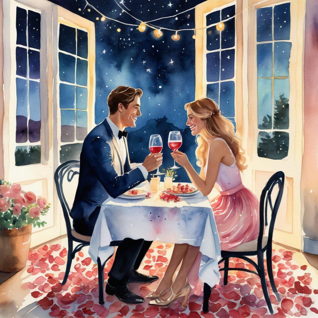 A whimsical scene of a couple sharing a playful and flirty moment at a cozy candle-lit dinner table, surrounded by heart-shaped decorations. Soft rose petals scattered around them and a bottle of wine on the table. The background features a starry night sky with twinkling stars, symbolizing romance and connection. The couple is laughing and gazing into each other's eyes, radiating love and chemistry. vibrant colors. dreamy atmosphere. watercolor painting.
