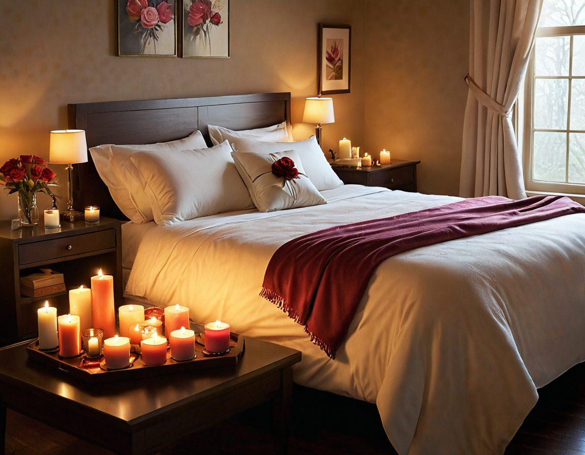 A cozy, warmly lit bedroom setting, featuring a beautifully arranged gift set with romantic candles, elegant adult products, and soft rose petals scattered across the bed. In one corner, a couple is sharing a tender moment, showcasing intimacy and connection. The ambiance should feel inviting and passionate, emphasizing love and desire. soft lighting, rich textures, and romantic colors. super-realistic. warm tones.
