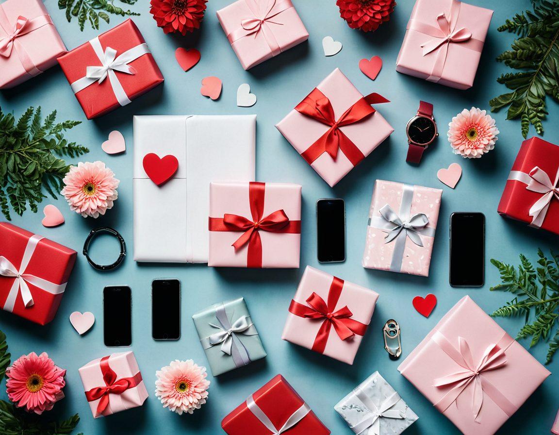 A collage of beautifully wrapped gifts and modern gadgets intertwined, symbolizing love and connection. In the background, subtle heart motifs subtly blend with tech elements like smartphones and smartwatches. Soft lighting to create an inviting atmosphere, with a color palette of warm reds, blush pinks, and sleek silver. Elements of nature, such as flowers or greenery, to evoke romance. vibrant colors. soft focus.